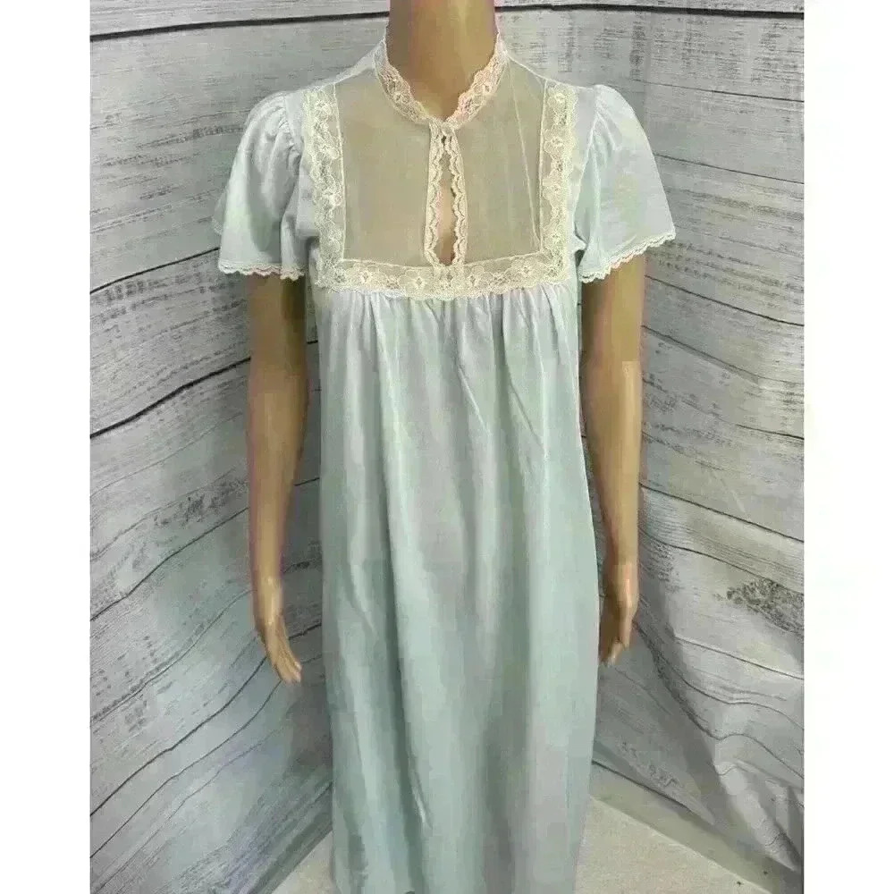 VTG 50s 60s RARE Beau Monde Lingerie USA Made Nylon Lace Nightgown Dress‎ Blue S